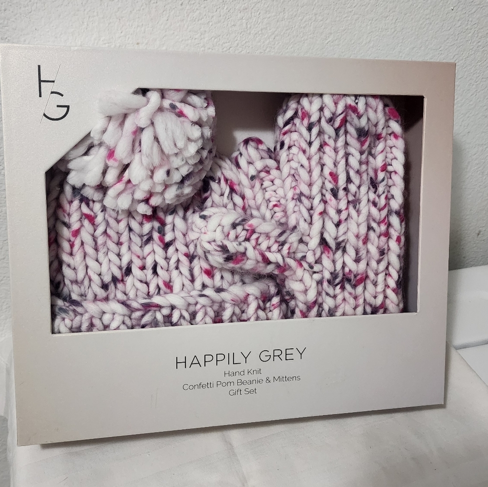 Confetti Pom Beanie & Mittens Set - Pink and White